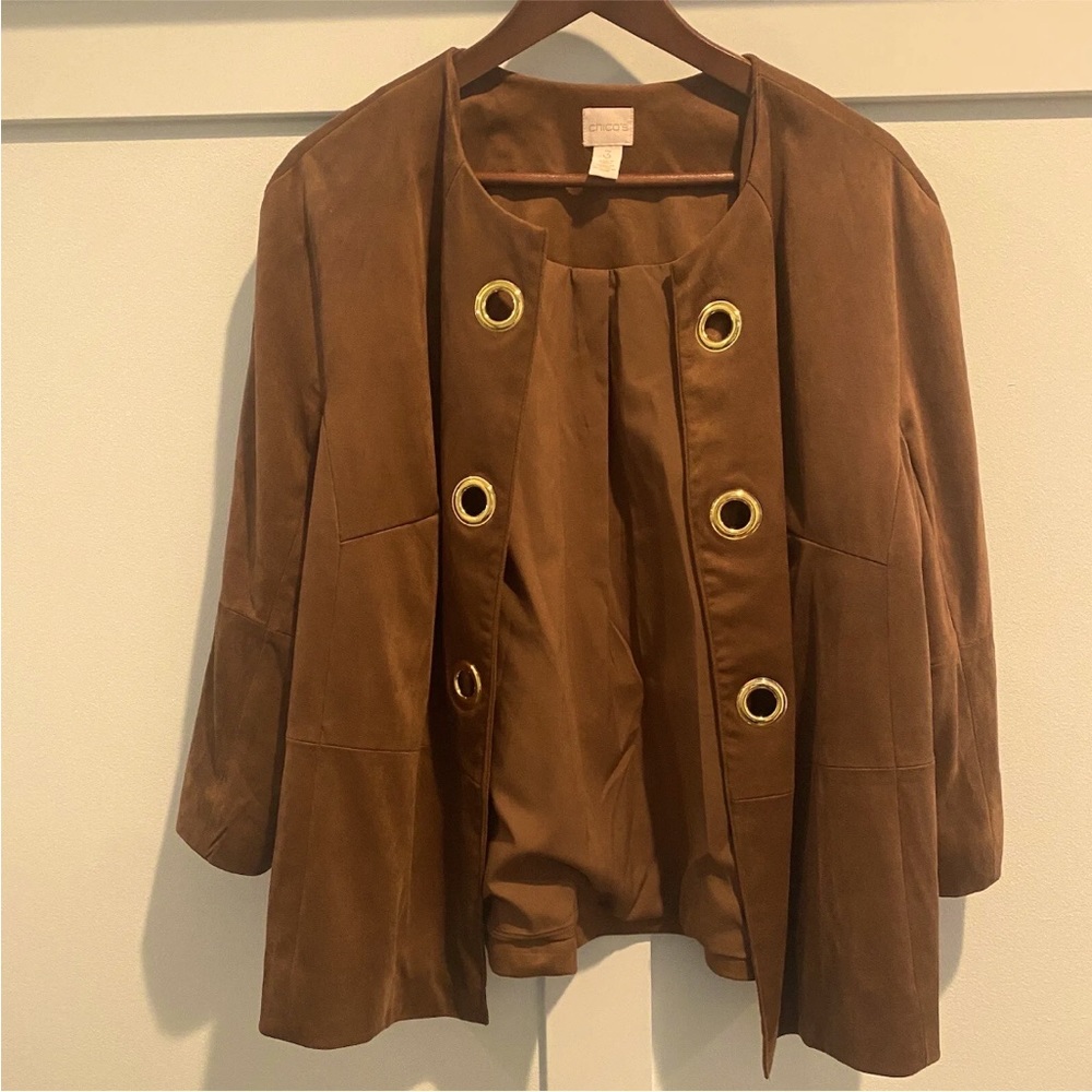 Chico’s Jacket Sz XL (3) Brown Faux Suede 3/4 Sleeve Event Gold Grommets